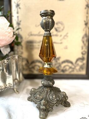 vintage antique brass amber candle holder Hollywood Regency dark academia